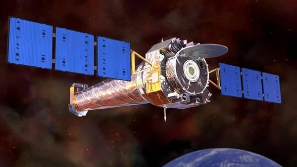 Representação gráfica do Telescópio Espacial Chandra da NASA explorando o universo. Equipado para observar radiação X, o Chandra oferece imagens detalhadas de fenômenos astronômicos como buracos negros, supernovas e galáxias distantes, revelando mistérios do cosmos invisíveis a outros telescópios.