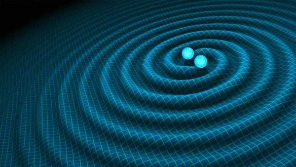 Ilustração mostrando a formação de uma onda gravitacional, criada pela distorção do espaço-tempo causada por eventos cósmicos de grande magnitude, como fusões de buracos negros ou estrelas de nêutrons. Essas ondas se propagam pelo espaço, carregando informações sobre os fenômenos que as geraram.