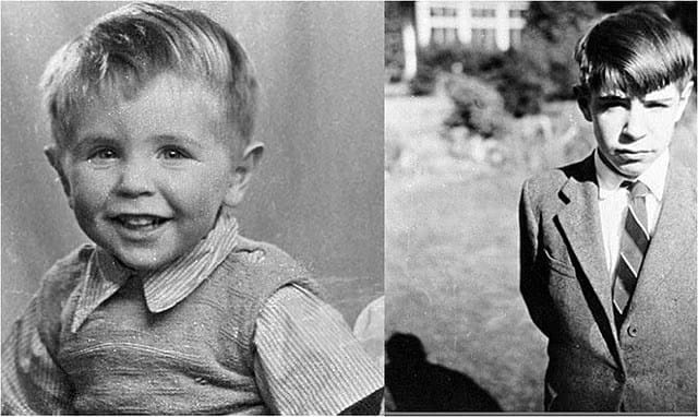 Foto de Stephen Hawking ainda criança, com um olhar curioso e pensativo. Ele aparece com um sorriso suave, usando roupas simples da época, capturando um momento de sua infância antes de se tornar um dos maiores físicos teóricos da história.