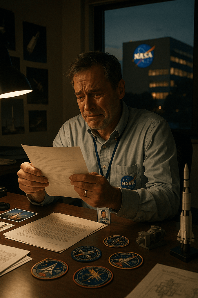“Cientista da NASA de meia-idade sentado sozinho em um escritório pouco iluminado à noite, com crachá da NASA, segurando uma carta impressa com as mãos trêmulas e lágrimas no rosto. A mesa está coberta com patches de missões, fotos de espaçonaves e modelos de engenharia. Ao fundo, a janela revela a sede da NASA ao entardecer. Cena emocional que transmite tristeza autêntica, semelhante a um documentário