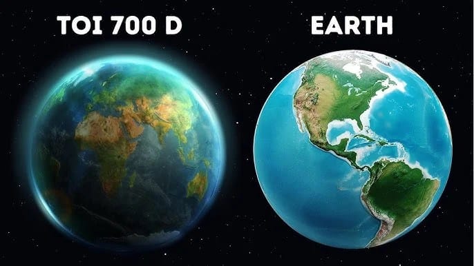 Representação artística do exoplaneta TOI 700 comparado ao tamanho da Terra. TOI 700 é um dos exoplanetas habitáveis conhecidos, localizado na zona habitável de sua estrela, com potencial para condições favoráveis à vida.