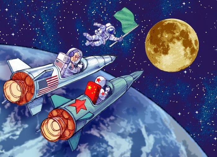 Imagem representando a corrida espacial: um foguete americano e um foguete chinês avançam em direção à Lua, enquanto um astronauta segura a bandeira simbolizando a disputa pelo espaço.