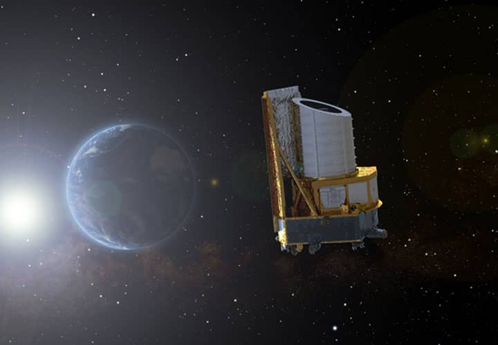 ilustração do telescópio espacial Euclid da ESA em órbita no ponto de Lagrange L2, com a Terra e o Sol ao fundo, observando o universo profundo para estudar matéria escura e energia escura.