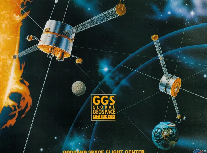 Pôster oficial da missão NASA Wind, destacando o satélite em órbita, com um fundo que simboliza o vento solar e a interação com o campo magnético da Terra. O design moderno e dinâmico transmite a missão científica da NASA de explorar os ventos solares e seu impacto no ambiente espacial, enquanto o logotipo da missão é exibido com destaque, representando a inovação e a importância do estudo do espaço.