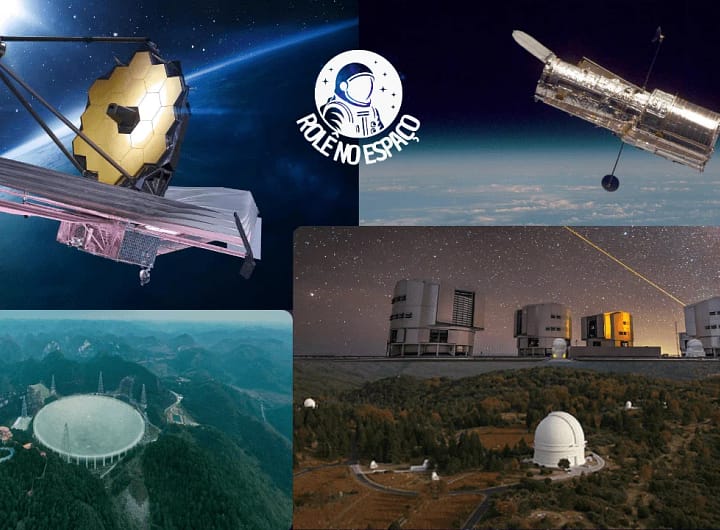 Imagem com vários telescópios astronômicos, incluindo o Telescópio Espacial Hubble, o Telescópio Espacial James Webb, o Radiotelescópio de Arecibo e o ALMA, com o logo do site centralizado entre eles. A foto simboliza a colaboração global em astronomia, reunindo alguns dos mais avançados instrumentos para a exploração do universo