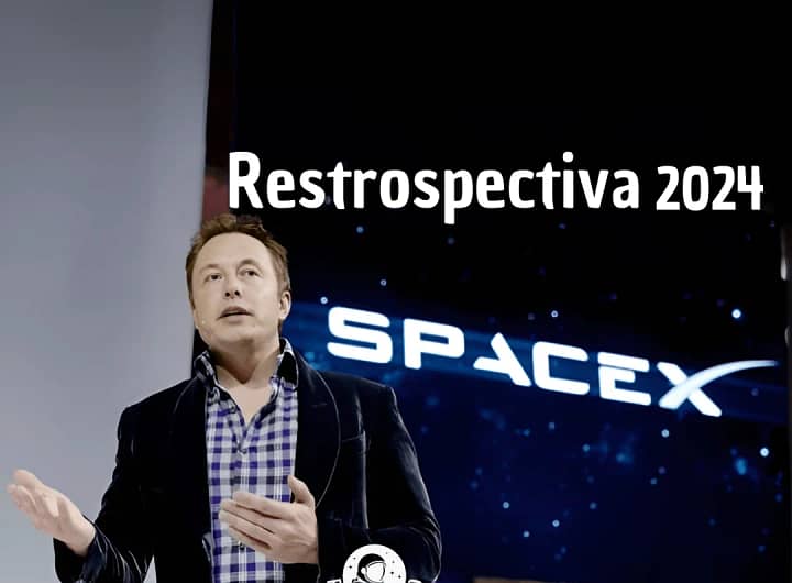 Arte retrospectiva de 2024 destacando os avanços da SpaceX, com Elon Musk posicionado abaixo do logotipo da empresa. A imagem incorpora elementos visuais representando marcos importantes do ano, como lançamentos bem-sucedidos, testes da Starship e progressos na exploração espacial.