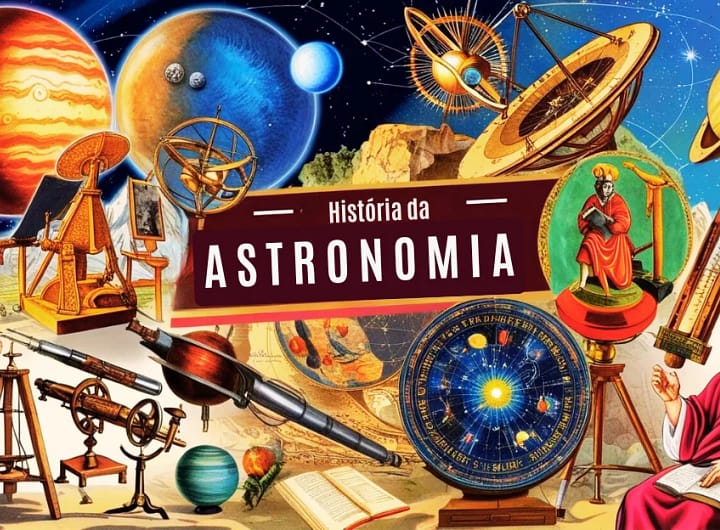 história da astronomia, com uma composição que inclui planetas do Sistema Solar, figuras de astrônomos icônicos como Galileu Galilei e Copérnico, além de satélites modernos em órbita. A imagem mostra a evolução do conhecimento astronômico, desde observações antigas até a exploração espacial contemporânea, simbolizando o progresso humano na compreensão do universo.