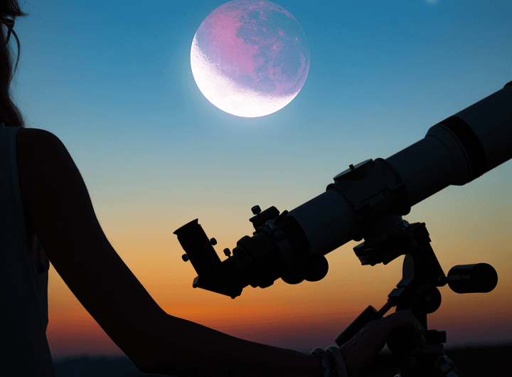 Silhueta de uma moça observando o céu ao lado de um telescópio, ao fundo uma ceualaranjado mostrando o entardecer alaranjado no ceu a lua entrando em uma eclipse, essa cena representa busca da resposta de "O que é Astronomia?" o que há de novo no universo.