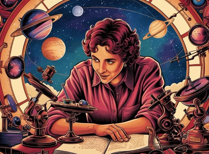 Figura feminina sentada em uma mesa repleta de livros de astronomia, telescópios, mapas celestes e equipamentos científicos, com uma expressão de concentração e curiosidade. Ao fundo, uma janela mostrando o céu estrelado, simbolizando a busca por respostas sobre o universo e a importância do estudo da astronomia