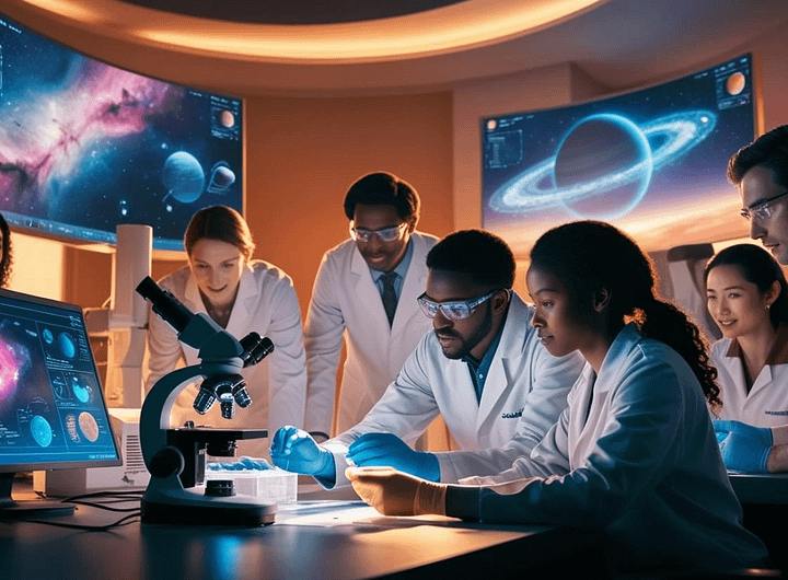 Representação artística de um grupo de cientistas em um laboratório de alta tecnologia, trabalhando em um projeto de astrobiologia. Ao fundo, monitores exibem dados e imagens de planetas, ilustrando a pesquisa sobre vida extraterrestre e condições habitáveis em outros mundos.