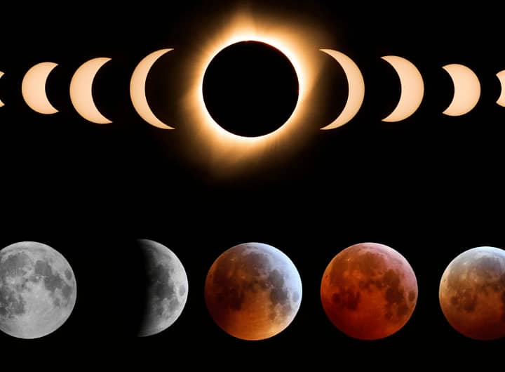 Montagem ilustrando a diferença entre os eclipses solares e lunares. À esquerda, o eclipse solar é representado com os três tipos: total, parcial e anular, mostrando a cobertura da Lua sobre o Sol em diferentes formas. À direita, o eclipse lunar é mostrado em suas três variações: total, parcial e penumbral, com a Terra projetando sua sombra na Lua de maneiras distintas. A imagem destaca como esses fenômenos celestes acontecem de forma diferente e como são visíveis de diversas partes do planeta.