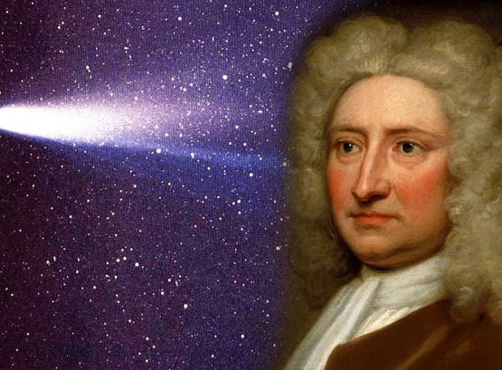 Edmond Halley, de perfil, com cabelo grande e encaracolado, usando roupas da época. Ao fundo, uma montagem do cometa Halley, que recebeu seu nome após Halley ter comprovado que o cometa segue uma órbita previsível. A imagem ilustra sua conexão com a astronomia e a descoberta histórica.