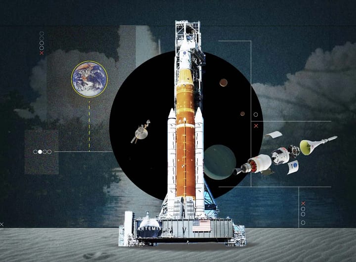 elementos da missão Artemis da NASA — cápsula Orion, foguete SLS, a Lua e a Terra — ilustrando qual o principal objetivo do Programa Artemis da NASA, que é levar astronautas de volta à superfície lunar.