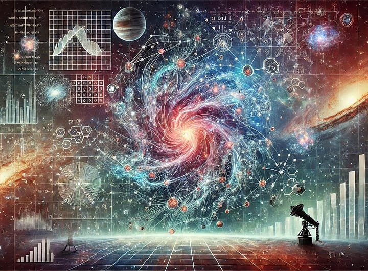 conexão entre astronomia, dados e tecnologia, destacando como inovações desenvolvidas pela exploração do universo impactam a vida na Terra. O gráfico visualiza a evolução de tecnologias como sensores, satélites e sistemas de comunicação, evidenciando o impacto da astronomia no avanço tecnológico cotidiano.