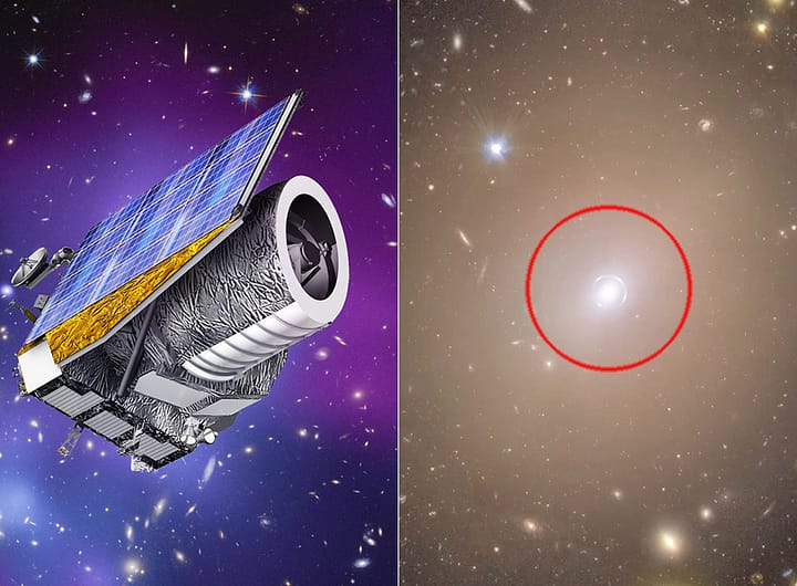 Imagem capturada pelo telescópio Euclid mostrando um anel de Einstein brilhante ao redor da galáxia NGC 6505, com o anel destacado por um círculo vermelho ao lado da ilustração do telescópio.