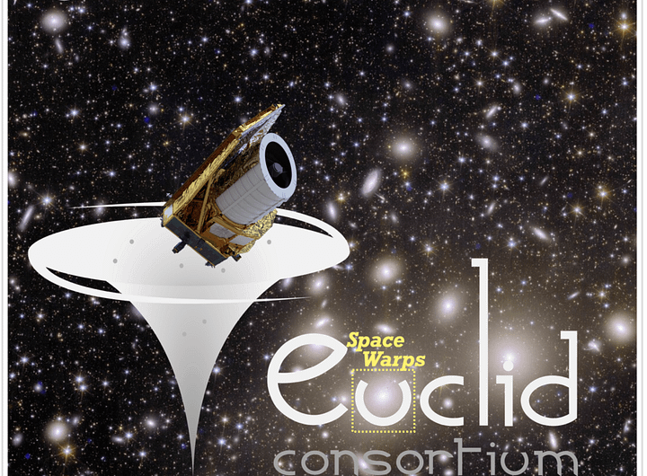 Ilustração do telescópio espacial Euclid, da ESA, posicionado acima de uma representação de distorção gravitacional no espaço, com um fundo repleto de galáxias. Na imagem, aparecem os logotipos da ESA, do projeto Space Warps, do consórcio Euclid e da plataforma Zooniverse.