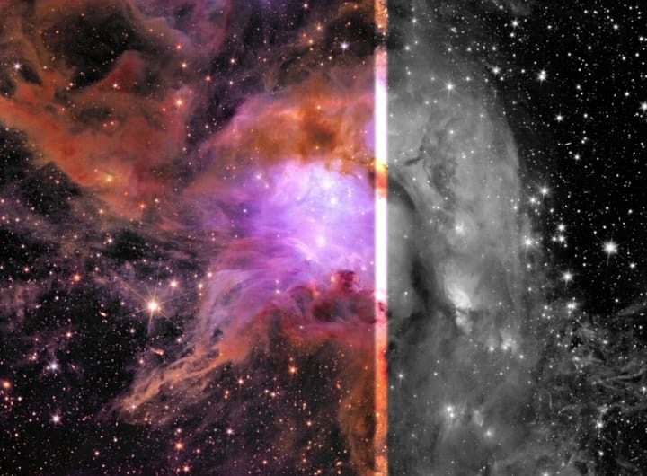Imagem da nebulosa Messier 78 capturada pelo telescópio espacial Euclid. À esquerda, a nebulosa aparece em tons vibrantes de roxo, laranja e vermelho; à direita, a mesma cena é exibida em preto e branco, destacando o contraste entre as estrelas e as nuvens de poeira interestelar. alvo to estudo feito pela ESA onde gerou o video Sons do Cosmos
