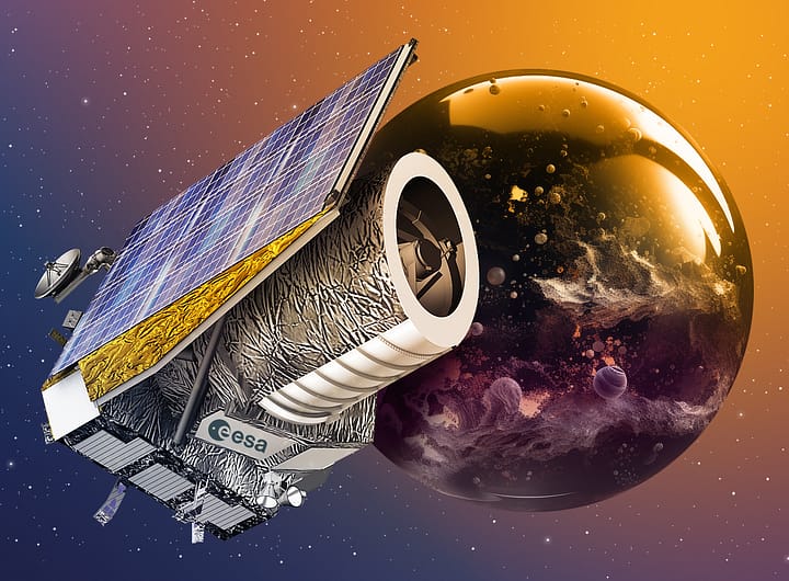 Ilustração Campos Profundos Observados pelo Euclid da ESA flutuando no espaço com seu painel solar em destaque, apontando para uma esfera cósmica vibrante que representa o universo escuro, repleta de nebulosas e exoplanetas ao fundo.