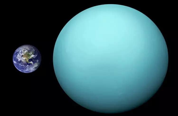 planeta Urano ao lado da Terra. Urano é representado com sua cor característica, um tom de azul esverdeado, destacando-se por seu formato achatado devido à rotação rápida. A Terra é mostrada com suas cores vibrantes e continentes visíveis, enquanto Urano aparece em uma escala maior, destacando-se pela inclinação de seu eixo e anéis tênues ao seu redor.
