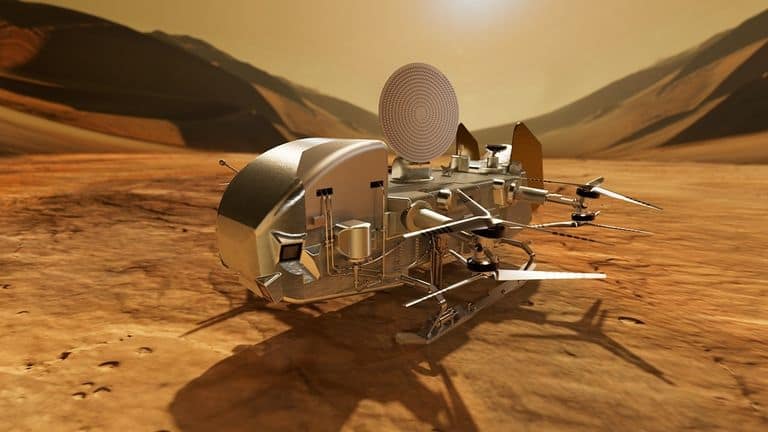 Ilustração da missão Dragonfly, um drone-helicóptero da NASA previsto para 2028, projetado para explorar a lua Titã e estudar a química que antecede a origem da vida.ra.