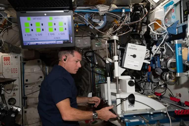 Kimbrough, usando uma camiseta azul escura, um relógio no pulso direito e um fone de ouvido, interage com um equipamento branco semelhante aos usados por oftalmologistas para testes de visão. Sua mão direita repousa sobre o aparelho, montado em uma superfície de trabalho. Um grande monitor está posicionado logo atrás e acima dele. Visão no espaço. Crédito: NASA.