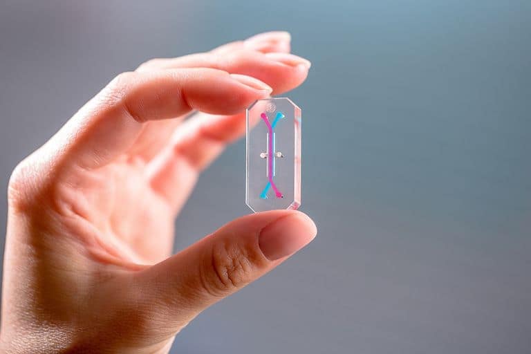 Dois dedos segurando um dispositivo transparente em formato retangular, do tamanho de um pen drive. Dentro do dispositivo há uma linha azul longa com duas linhas vermelhas curtas em cada extremidade
