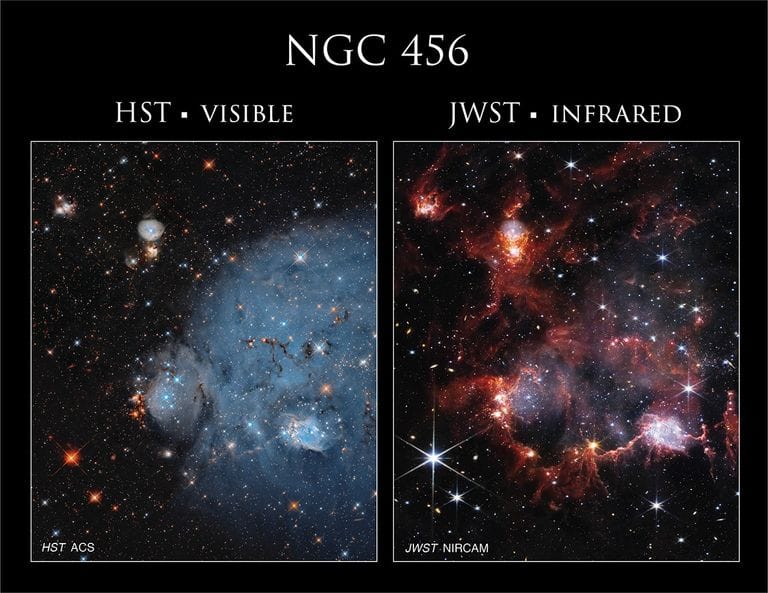 A imagem do Hubble de NGC 456 (à esquerda) mostra uma nuvem azulada e difusa de gás ionizado, enquanto a imagem do Webb (à direita) revela o contorno cavernoso de poeira do mesmo aglomerado.
Créditos: NASA, ESA e C. Lindberg (Universidade Johns Hopkins); Processamento: Gladys Kober (NASA/Universidade Católica da América)