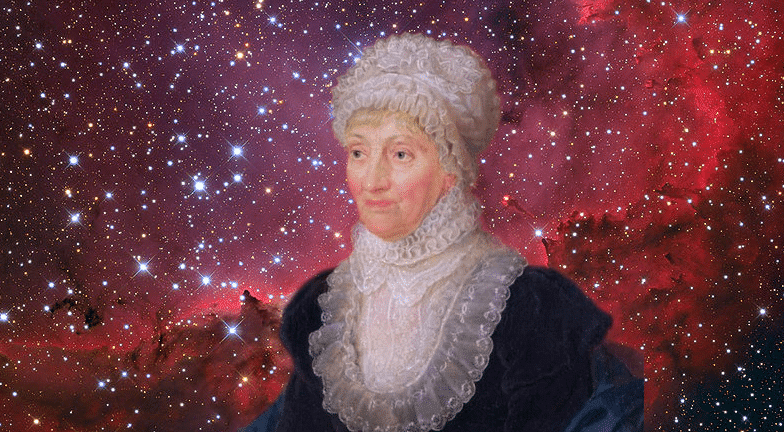 Retrato artístico de Caroline Herschel, uma das pioneiras entre as mulheres na astronomia, com cabelos brancos e estrelas brilhando ao fundo.