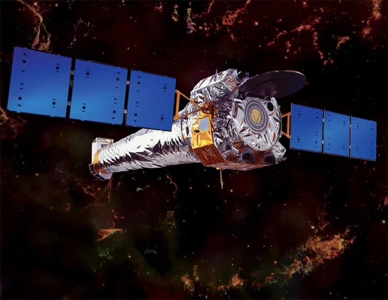 Representação gráfica do Telescópio Espacial Chandra da NASA explorando o universo. Equipado para observar radiação X, o Chandra oferece imagens detalhadas de fenômenos astronômicos como buracos negros, supernovas e galáxias distantes, revelando mistérios do cosmos invisíveis a outros telescópios.