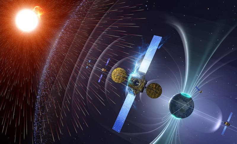 Ilustração digital mostrando o monitoramento do Sol composto por vários satélites em órbita, com o Sol e a Terra ao fundo.