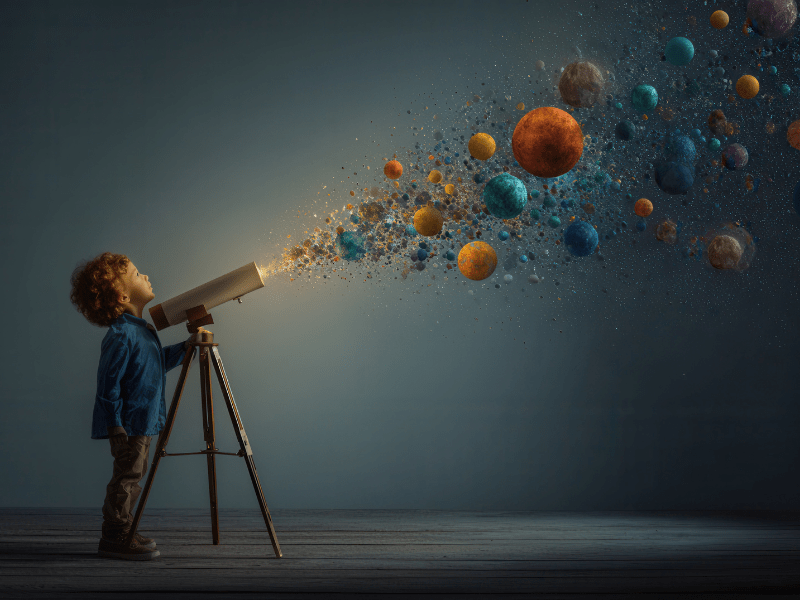 Criança observando planetas com telescópio em atividade de astronomia infantil