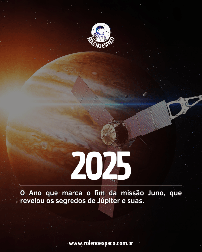 Arte conceitual destacando o possível fim da missão Juno em 2025, com a sonda sendo direcionada para a atmosfera de Júpiter. A imagem ilustra Juno se aproximando do gigante gasoso, simbolizando sua destruição planejada para evitar a contaminação de luas como Europa, que são alvos de futuras missões em busca de vida