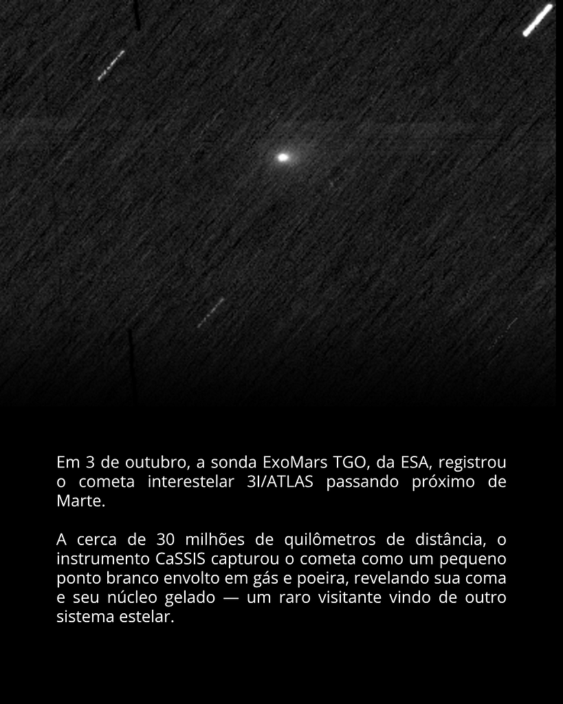 Imagem de fundo preto o destaco um ponto branco com um brilho ofuscado O cometa 3I/ATLAS é um visitante vindo de outro sistema estelar que recentemente passou perto de Marte, sendo observado pelas sondas ExoMars e Mars Express, da ESA. Durante a aproximação, a cerca de 30 milhões de quilômetros, as câmeras das sondas registraram o cometa como um pequeno ponto brilhante cruzando o céu marciano — uma rara oportunidade de estudar um objeto interestelar que viaja entre as estrelas.