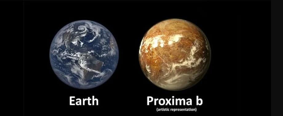 Representação artística comparando o exoplaneta Proxima b e a Terra. À esquerda, a Terra exibe seus oceanos azulados, nuvens brancas e continentes bem definidos. À direita, Proxima b aparece com uma atmosfera fina, superfície rochosa e um tom avermelhado, iluminado por sua estrela anã vermelha, evidenciando as diferenças entre os dois mundos."