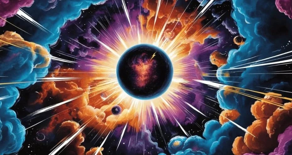 Ilustração artística vibrante representando o Big Bang, com uma explosão de cores fortes como vermelho, azul, roxo e amarelo, simbolizando a liberação de energia e a criação do universo. As cores fluem para fora em padrões dinâmicos, representando os elementos do universo se formando e se espalhando, refletindo a diversidade de matérias e energias no cosmos.