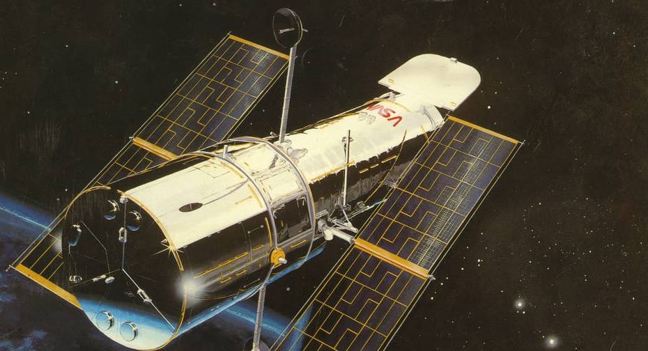 estilo pop retratando o Telescópio Espacial Hubble flutuando no espaço, com a curvatura da Terra visível ao fundo e um céu repleto de estrelas brilhantes. A cena mistura arte e ciência, destacando o Hubble como ícone da exploração espacial e da cultura pop.