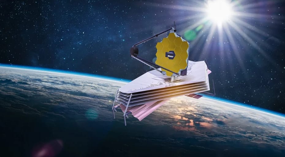 representação graficia telescopio espacial james webb - No espaço curvatura da Terra ao fundo