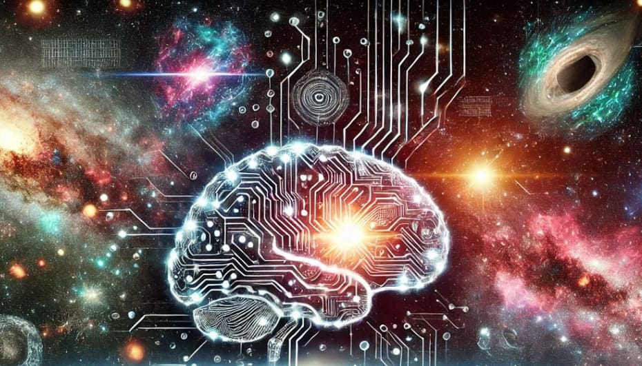 : Ilustração artística que combina elementos de tecnologia e astronomia. No centro da imagem, há um cérebro estilizado formado por circuitos eletrônicos brilhantes, simbolizando inteligência artificial. Ao fundo, espalhadas por todo o espaço, estão diversas galáxias coloridas, estrelas, uma nebulosa e um buraco negro com emissão de luz azul-esverdeada. A composição transmite a ideia de conexão entre a mente, a tecnologia e o universo, sugerindo a fusão entre inteligência artificial e exploração cósmica. Se quiser uma versão mais curta ou mais técnica, só pedir!