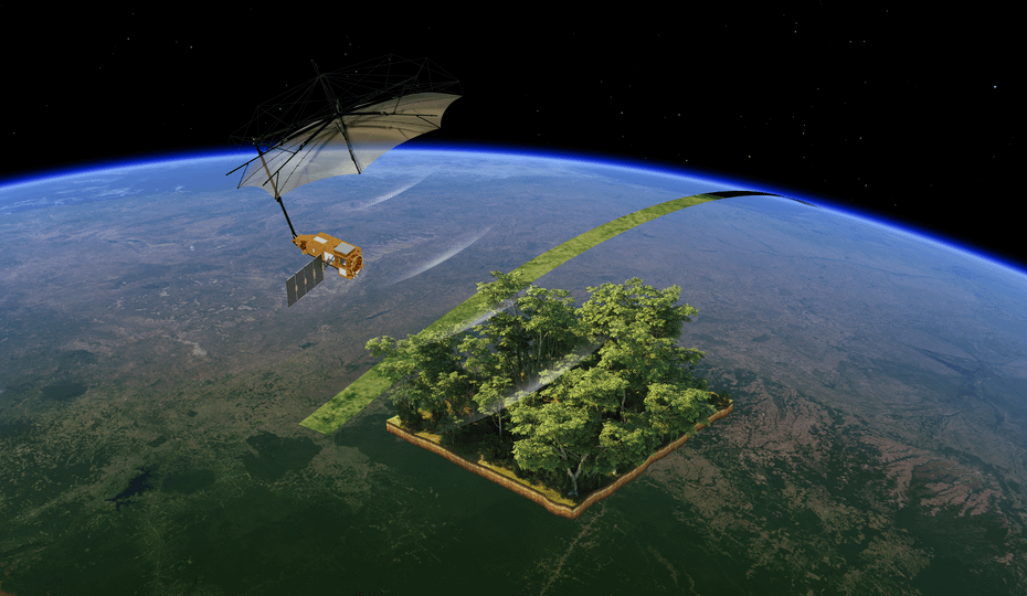 Ilustração do satélite Biomass em órbita ao redor da Terra, com seu radar de grande alcance rastreando a superfície do planeta para mapear a biomassa florestal e medir o carbono armazenado nas florestas ao redor do mundo.