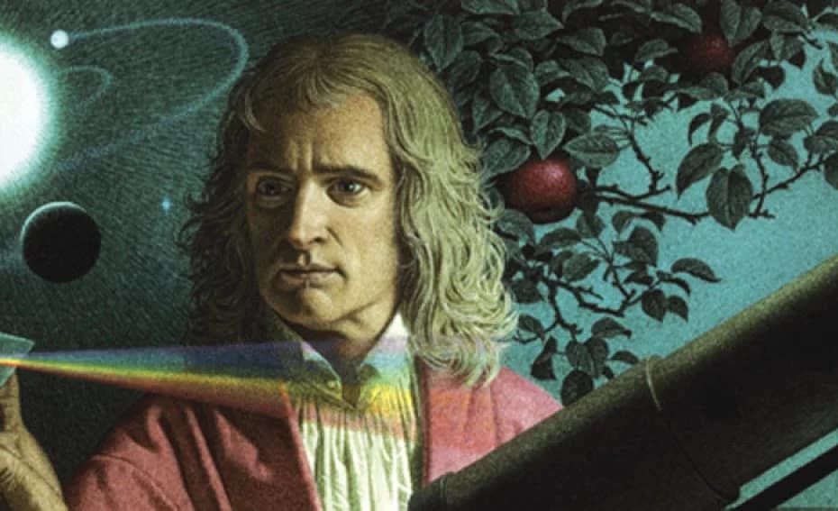 Representação artística de Isaac Newton segurando um prisma, com luz solar incidindo sobre ele e criando um arco-íris. Ao fundo, uma árvore com maçãs e, mais distantes, uma visão do sistema solar. Newton está de frente para um telescópio, vestindo uma camisa branca e um casaco rosa, ilustrando sua contribuição para a compreensão da luz e das leis da física.