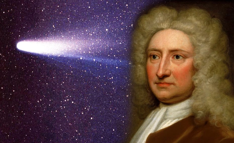 Edmond Halley, de perfil, com cabelo grande e encaracolado, usando roupas da época. Ao fundo, uma montagem do cometa Halley, que recebeu seu nome após Halley ter comprovado que o cometa segue uma órbita previsível. A imagem ilustra sua conexão com a astronomia e a descoberta histórica.