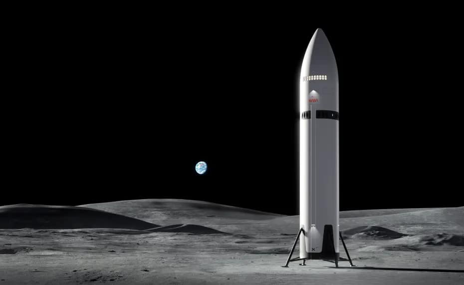 Representação artística do módulo de pouso humano da SpaceX, projetado para a missão Artemis 3, pousado na superfície da Lua. O módulo tem estrutura metálica com pernas de pouso estendidas. Ao fundo, a Terra aparece visível no céu lunar.
