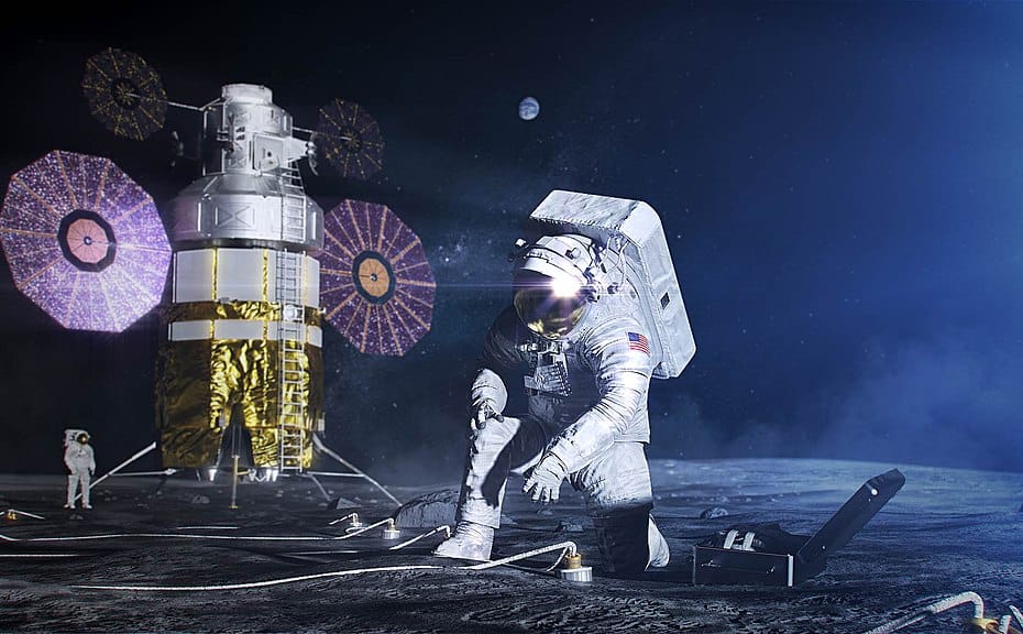 Astronauta da NASA instalando equipamentos no solo lunar, simbolizando qual o principal objetivo do Programa Artemis da NASA, que é realizar pesquisas e preparar a exploração sustentável da Lua.