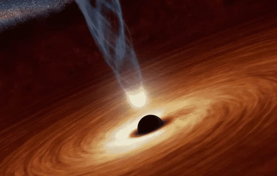 Representação artística de um buraco negro supermassivo, com seu disco de acreção brilhante em tons alaranjados e linhas de força ao redor. O intenso campo gravitacional curva a luz ao seu redor, criando a icônica silhueta escura no centro. Essas estruturas cósmicas são essenciais para entender a evolução das galáxias e os mistérios do universo.