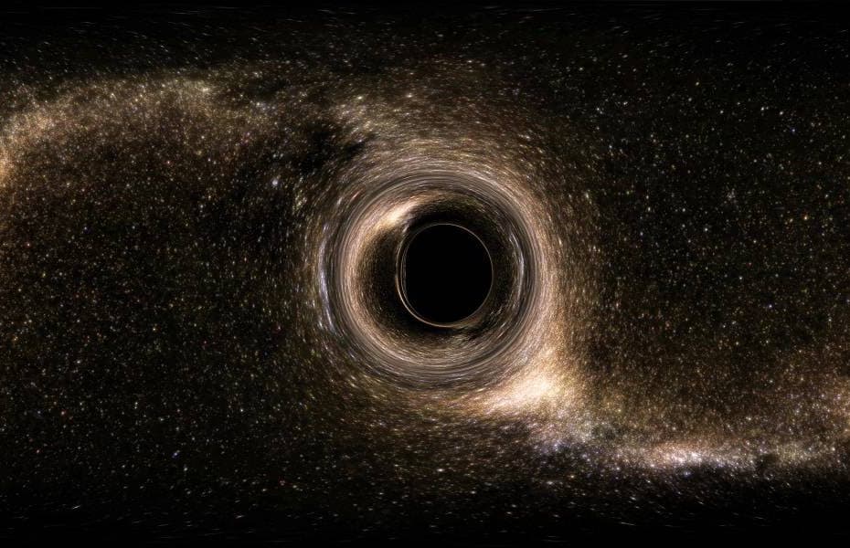 Representação artística de um buraco negro supermassivo no universo profundo, cercado por um disco de acreção brilhante e jatos de energia. Envolto em mistério, esses gigantes cósmicos estão no coração de galáxias e desempenham um papel fundamental na evolução do cosmos