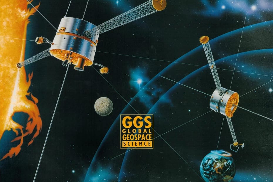 Pôster oficial da missão NASA Wind, destacando o satélite em órbita, com um fundo que simboliza o vento solar e a interação com o campo magnético da Terra. O design moderno e dinâmico transmite a missão científica da NASA de explorar os ventos solares e seu impacto no ambiente espacial, enquanto o logotipo da missão é exibido com destaque, representando a inovação e a importância do estudo do espaço.