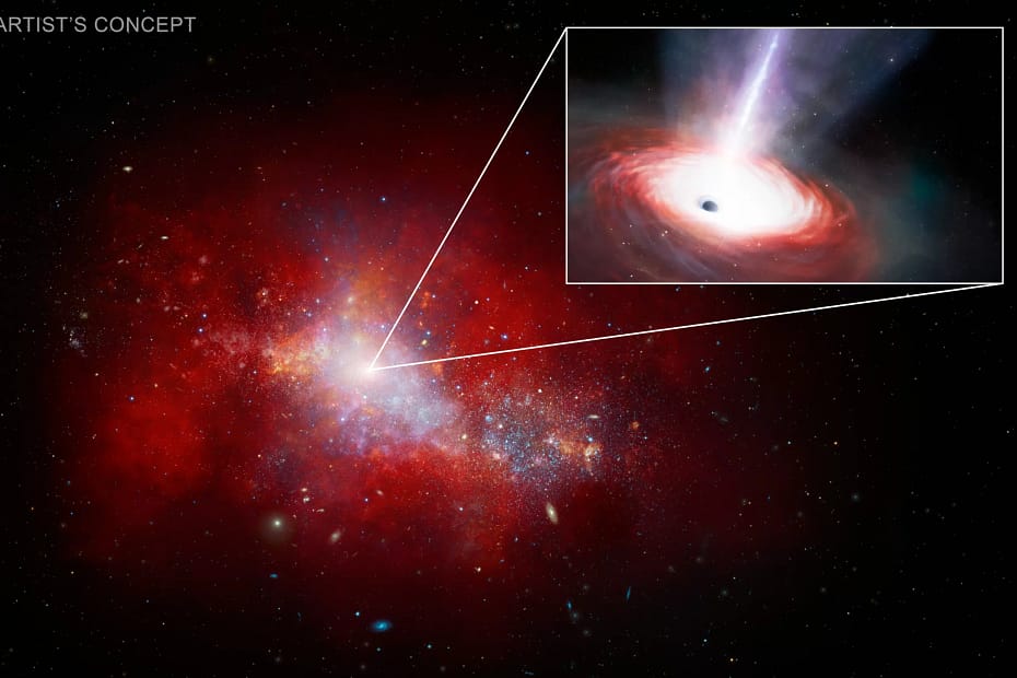 Esta ilustração mostra uma galáxia anã vermelha do universo inicial que hospeda um buraco negro de rápida alimentação em seu centro. Usando dados do Telescópio Espacial James Webb da NASA e do Observatório de Raios X Chandra, uma equipe de astrônomos descobriu este buraco negro supermassivo de baixa massa no centro de uma galáxia apenas 1,5 bilhão de anos após o Big Bang. Ele está puxando matéria a uma taxa fenomenal — mais de 40 vezes o limite teórico. Embora de curta duração, o "banquete" deste buraco negro pode ajudar os astrônomos a explicar como os buracos negros supermassivos cresceram tão rapidamente no universo inicial.