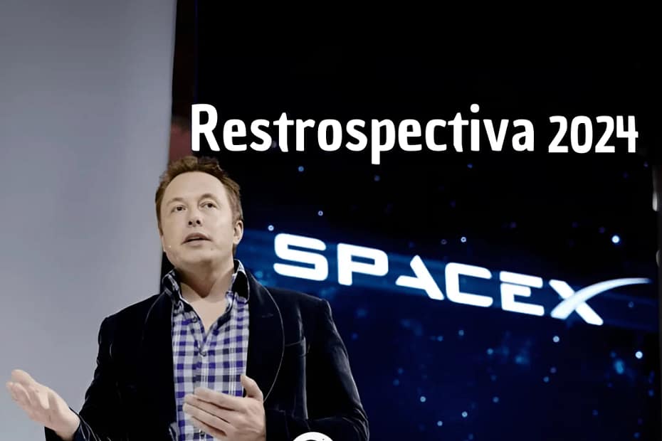 Arte retrospectiva de 2024 destacando os avanços da SpaceX, com Elon Musk posicionado abaixo do logotipo da empresa. A imagem incorpora elementos visuais representando marcos importantes do ano, como lançamentos bem-sucedidos, testes da Starship e progressos na exploração espacial.