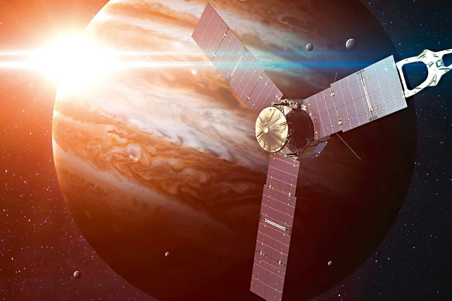 sonda Juno se aproximando do gigante gasoso jupiter