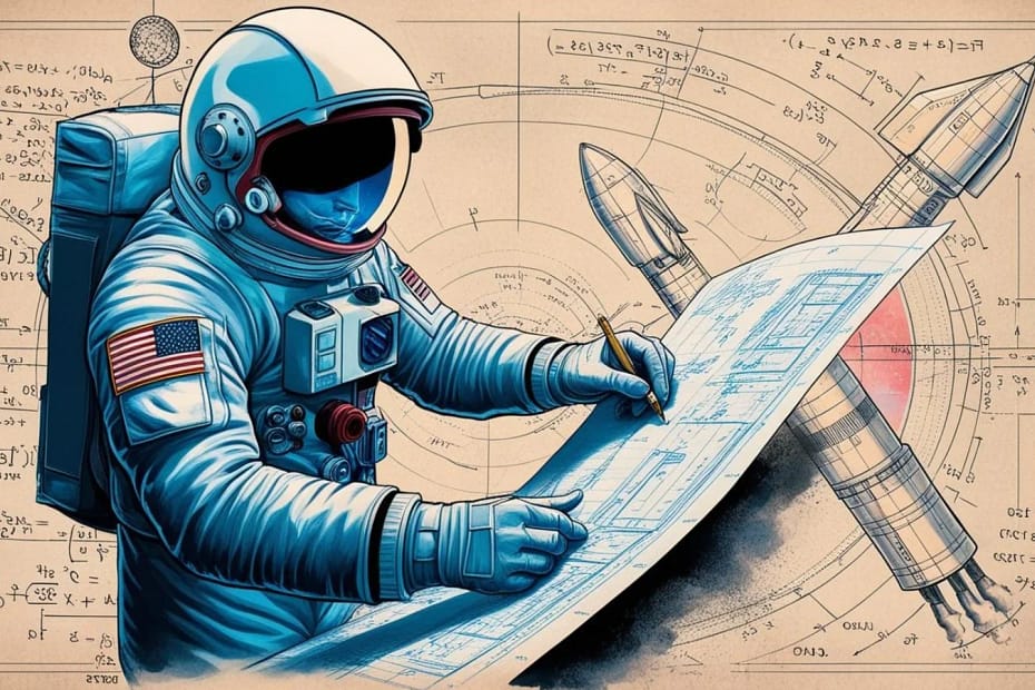 Ilustração artística de um astronauta olhando um projeto (blueprint) relacionado à astronáutica, com cálculos de física e esboços de foguetes ao fundo. A imagem simboliza o planejamento e desenvolvimento de missões espaciais, destacando o papel fundamental da engenharia e da física no avanço da exploração espacial.